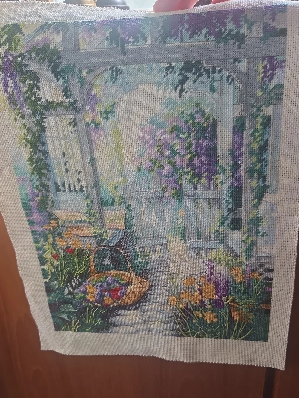 Hand-Embroidered Garden Scene Wall Art - Purple, Green, Yellow
